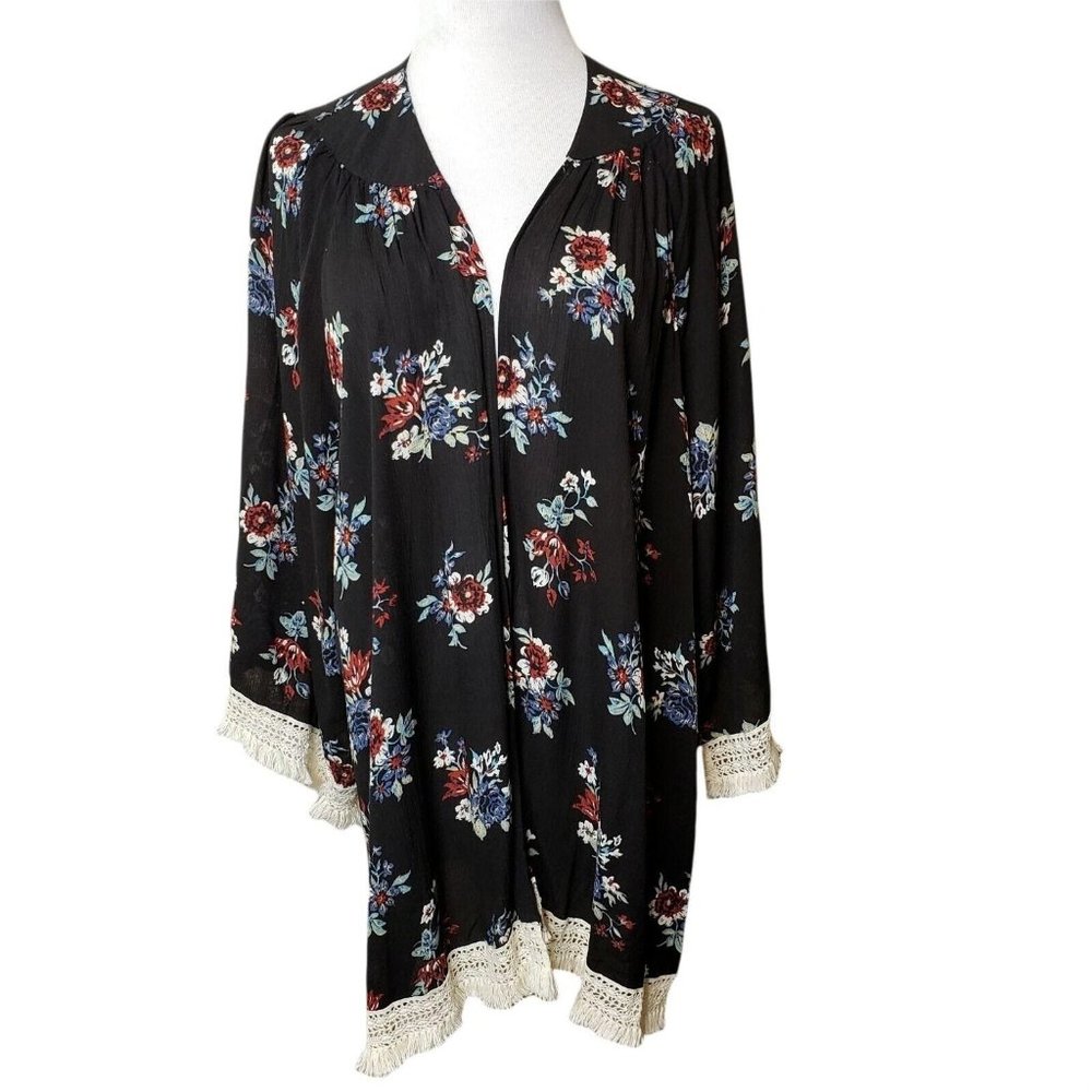 Jodifl Womens Black Floral  boho  Crochet lace Fringe Kimono trim Size S‎